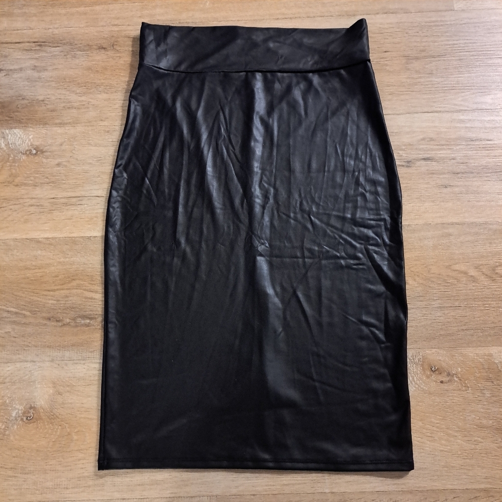 Simlu Elegant Black Stretch Faux Leather Pencil Fitted Mini Skirt Women's Size L